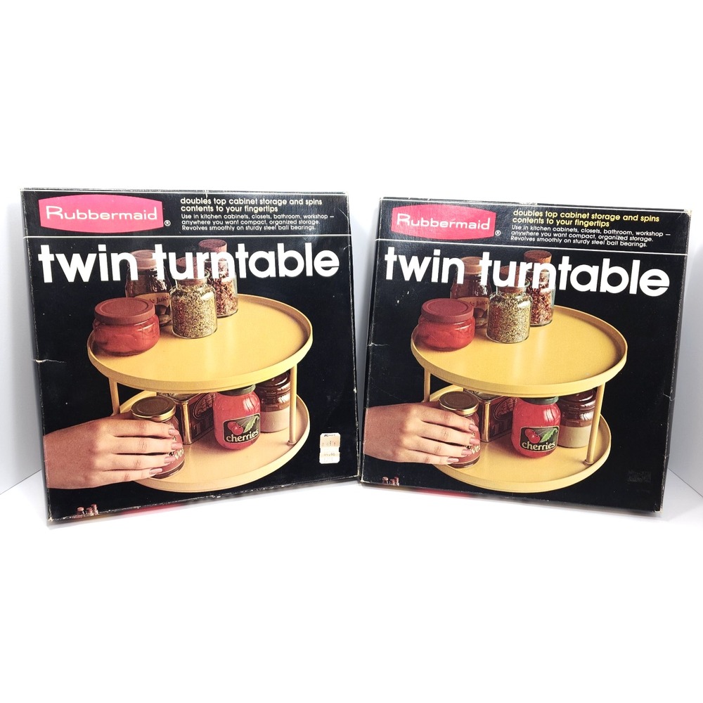 Lot of 2, VTG Rubbermaid Twin Turntable Lazy Susan 2937 Almond Orig Box 1981 NOS